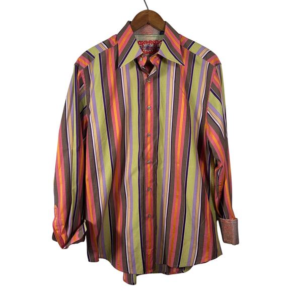 Robert Graham Mens L Bold Multicolor Stripe Button Front Shirt Flip Cuff Cotton - Picture 1 of 14